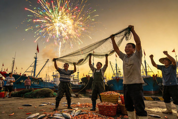 渔港烟花庆典渔民欢庆丰收