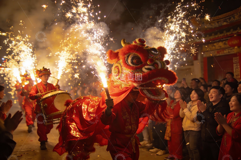 高清大图下载【趣麦麦图】舞狮表演烟花璀璨夜