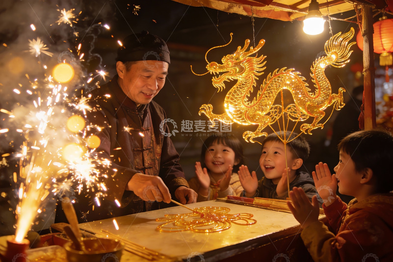 高清大图下载【趣麦麦图】老人制作糖画儿童围观