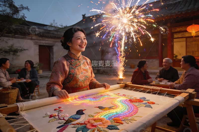 高清大图下载【趣麦麦图】烟花下女子刺绣家人聚餐