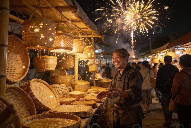 高清大图下载【趣麦麦图】夜市烟火下竹编摊主笑容