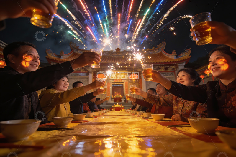 高清大图下载【趣麦麦图】烟花下欢聚庆团圆