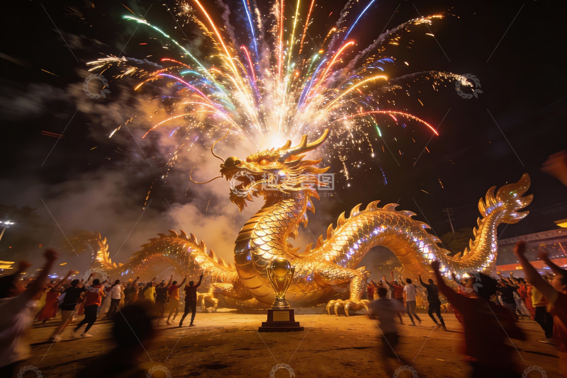 高清大图下载【趣麦麦图】巨型金龙烟花表演人群欢庆