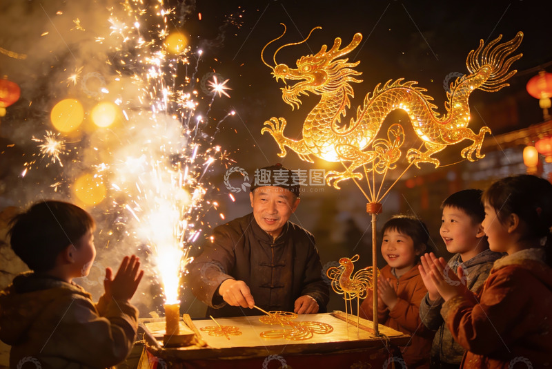 高清大图下载【趣麦麦图】烟花龙灯前的欢庆夜景