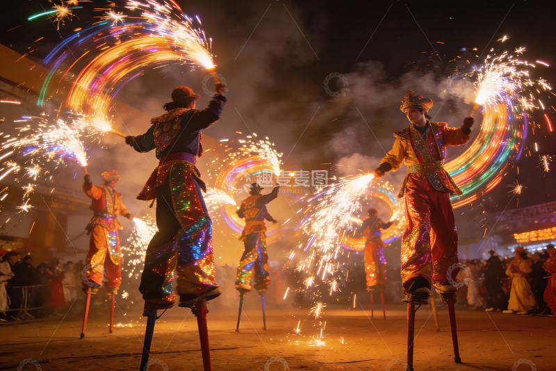 高清大图下载【趣麦麦图】夜场杂技表演火花四溅