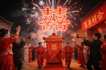 中式婚礼夜放烟花热闹非凡