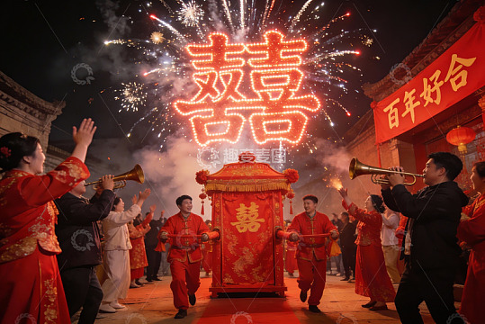 中式婚礼夜放烟花热闹非凡