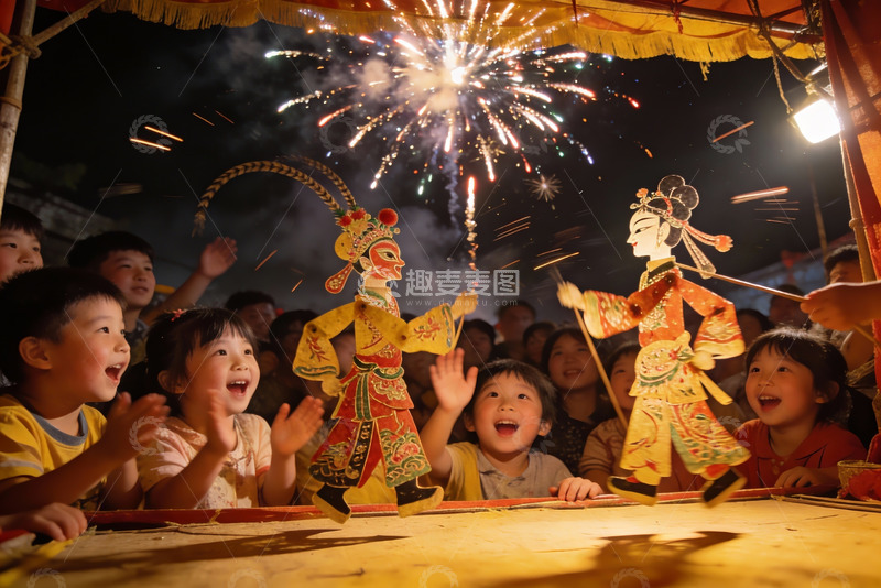 高清大图下载【趣麦麦图】儿童观看皮影戏烟花绽放夜景