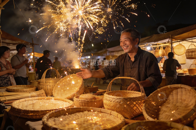 高清大图下载【趣麦麦图】烟花下竹篮摊位热闹非凡