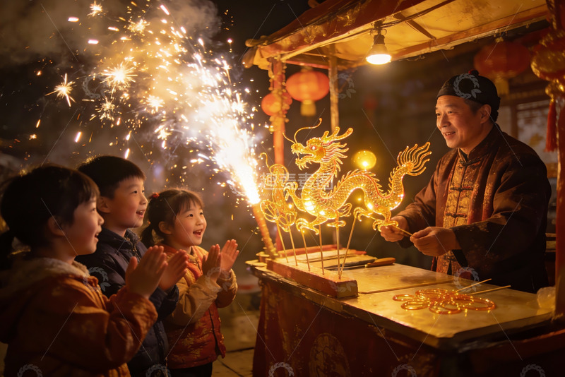 高清大图下载【趣麦麦图】烟花龙灯夜市热闹场景