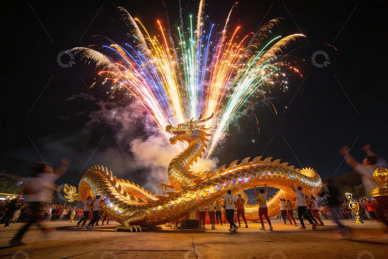 高清大图下载【趣麦麦图】夜空烟花巨龙舞动庆祝场面