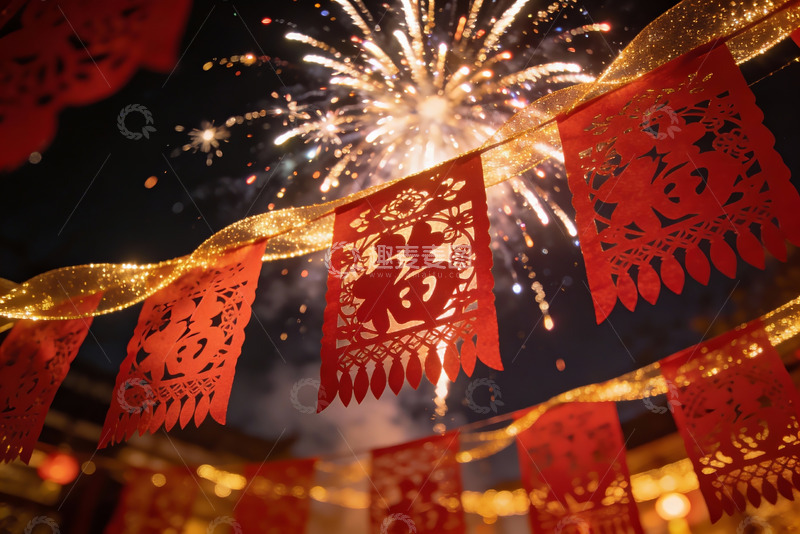 高清大图下载【趣麦麦图】烟花璀璨夜空中挂饰福字
