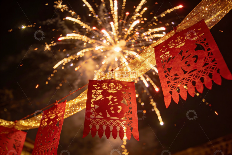 高清大图下载【趣麦麦图】烟花璀璨夜空中挂饰福字