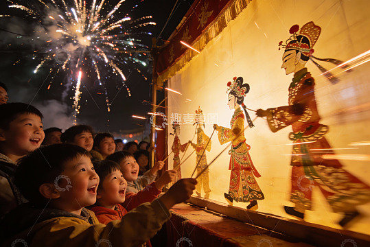 烟花下儿童观看皮影戏