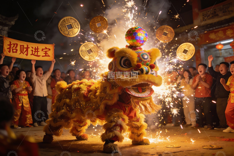 高清大图下载【趣麦麦图】舞狮表演烟花璀璨迎新春