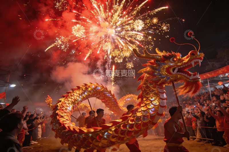 高清大图下载【趣麦麦图】夜空中舞龙烟花璀璨夺目