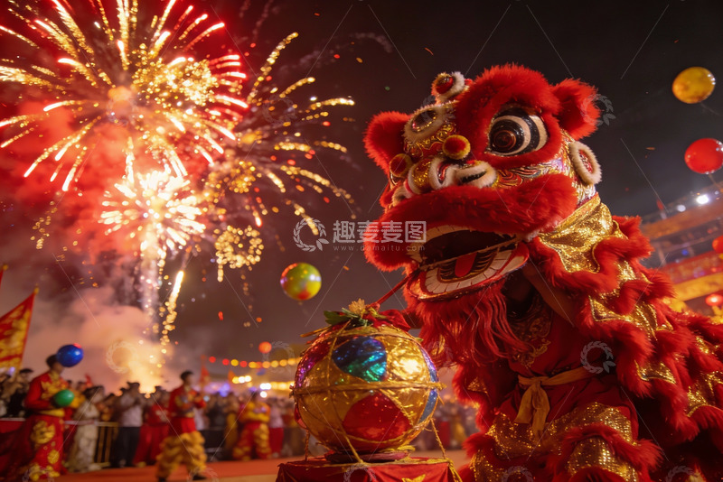 高清大图下载【趣麦麦图】夜空中绽放的舞狮烟花秀