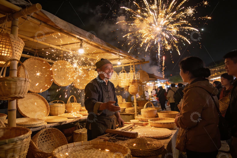 高清大图下载【趣麦麦图】夜市烟火下竹编摊位热闹非凡
