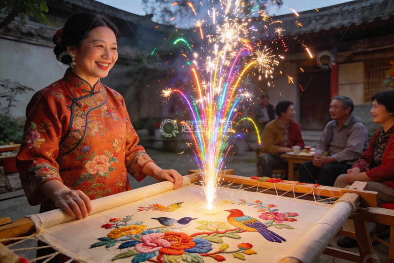 高清大图下载【趣麦麦图】女子庭院刺绣烟花绽放