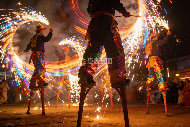 高清大图下载【趣麦麦图】夜场高跷烟花表演热闹非凡