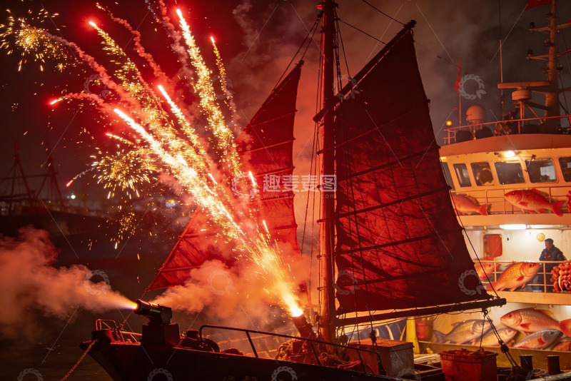 高清大图下载【趣麦麦图】夜幕下烟花绽放的渔船