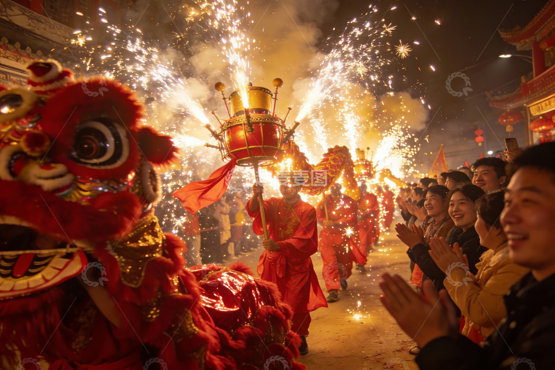 高清大图下载【趣麦麦图】夜市舞狮烟花表演热闹非凡