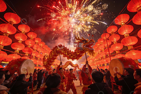 龙舞烟花灯笼夜市热闹非凡