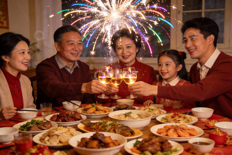 高清大图下载【趣麦麦图】家庭年夜饭烟花庆祝团圆