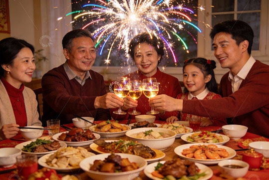 家庭年夜饭烟花庆祝团圆