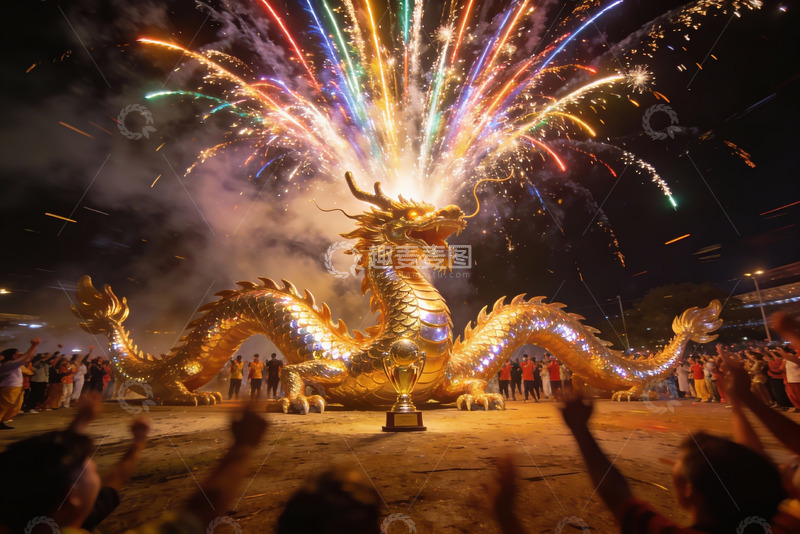高清大图下载【趣麦麦图】巨型金龙烟花表演人群欢呼