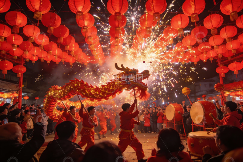 高清大图下载【趣麦麦图】夜空中舞龙烟花璀璨夺目