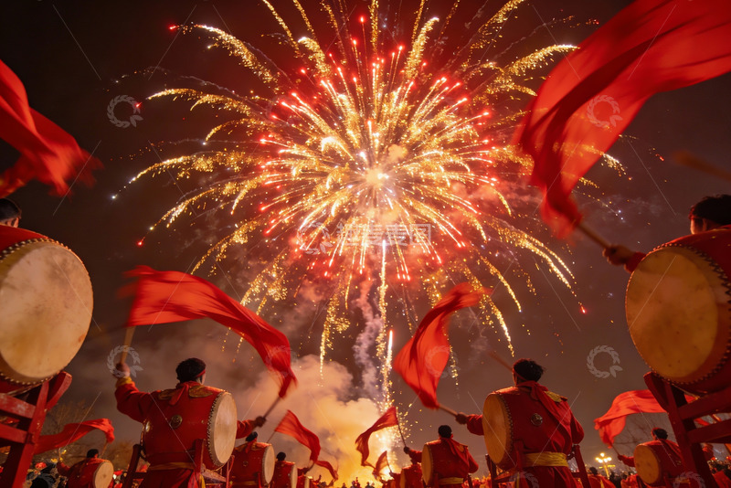 高清大图下载【趣麦麦图】夜空烟花绽放鼓手舞动