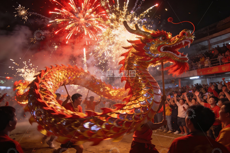 高清大图下载【趣麦麦图】夜空中舞动的金色龙灯表演