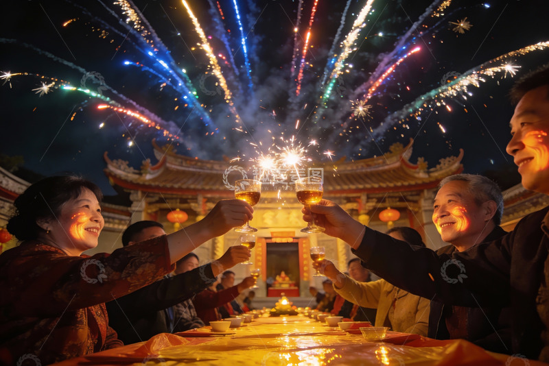 高清大图下载【趣麦麦图】烟花下家人举杯庆团圆