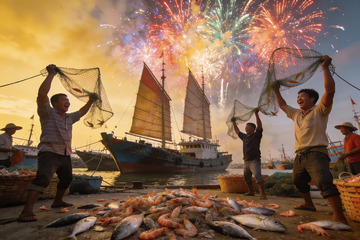 渔港烟花节庆捕鱼盛景