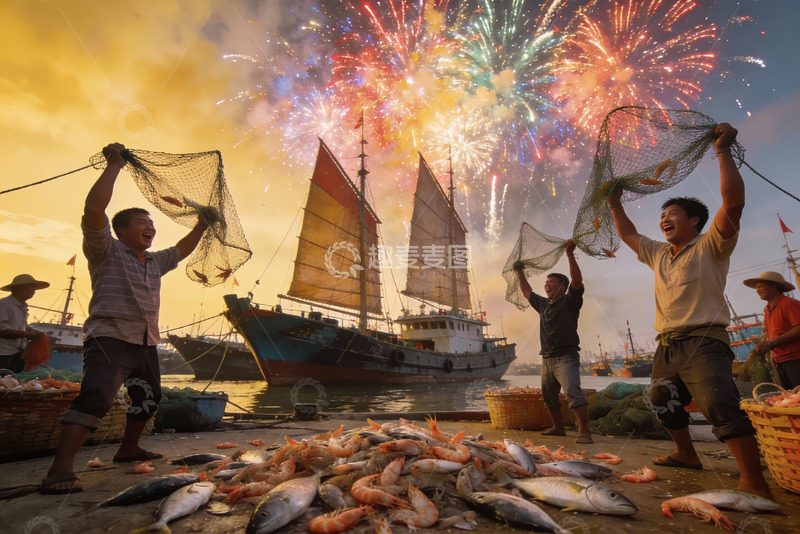 高清大图下载【趣麦麦图】渔港烟花节庆捕鱼盛景