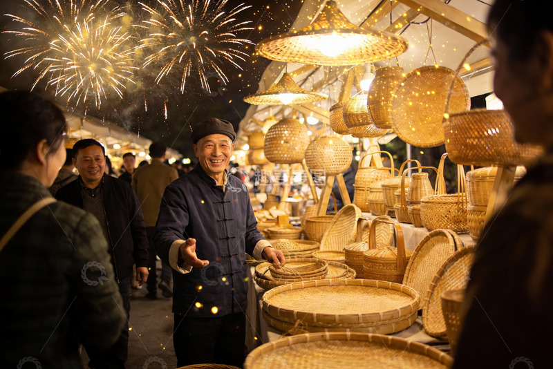 高清大图下载【趣麦麦图】夜市烟火下竹编摊位热闹非凡